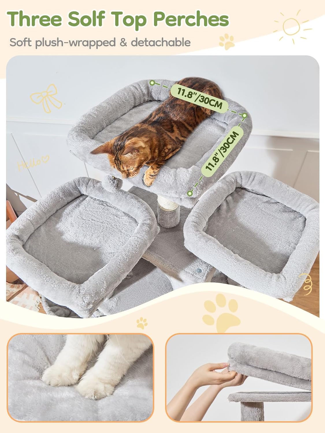 Detalle de Taoqimiao MS047W 193 cm Cat Tree with 7 Sisal Posts, Metal Hammock & Hanging Basket