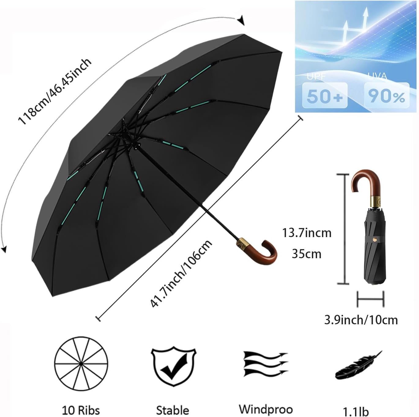 Thumbnail 1 de Luxurious Travel Folding Umbrella with Crook Real Wood J-Handle