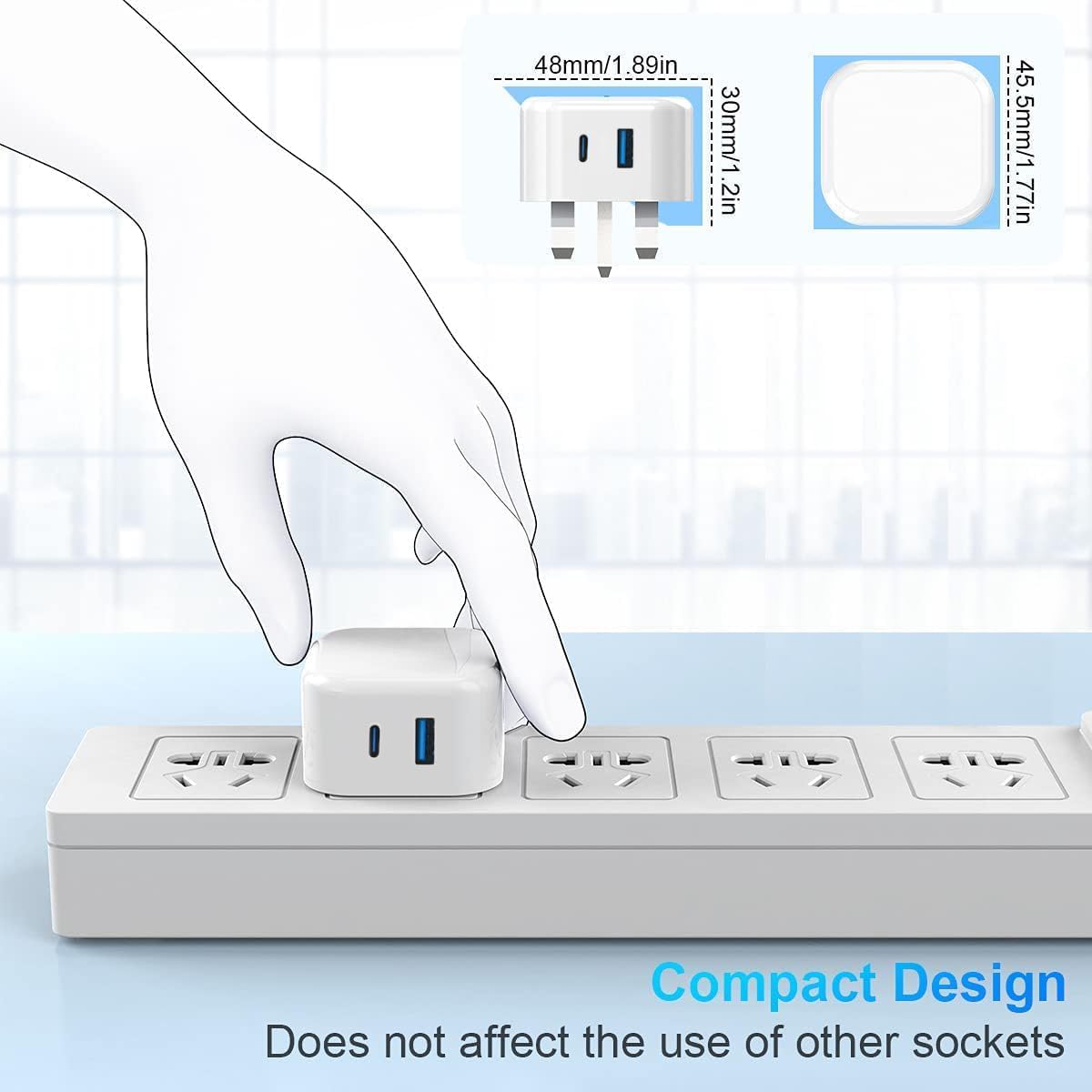 Detalle de USB C Fast Charge Plug (3 Pack) – Dual USB A & USB-C UK Wall Chargers