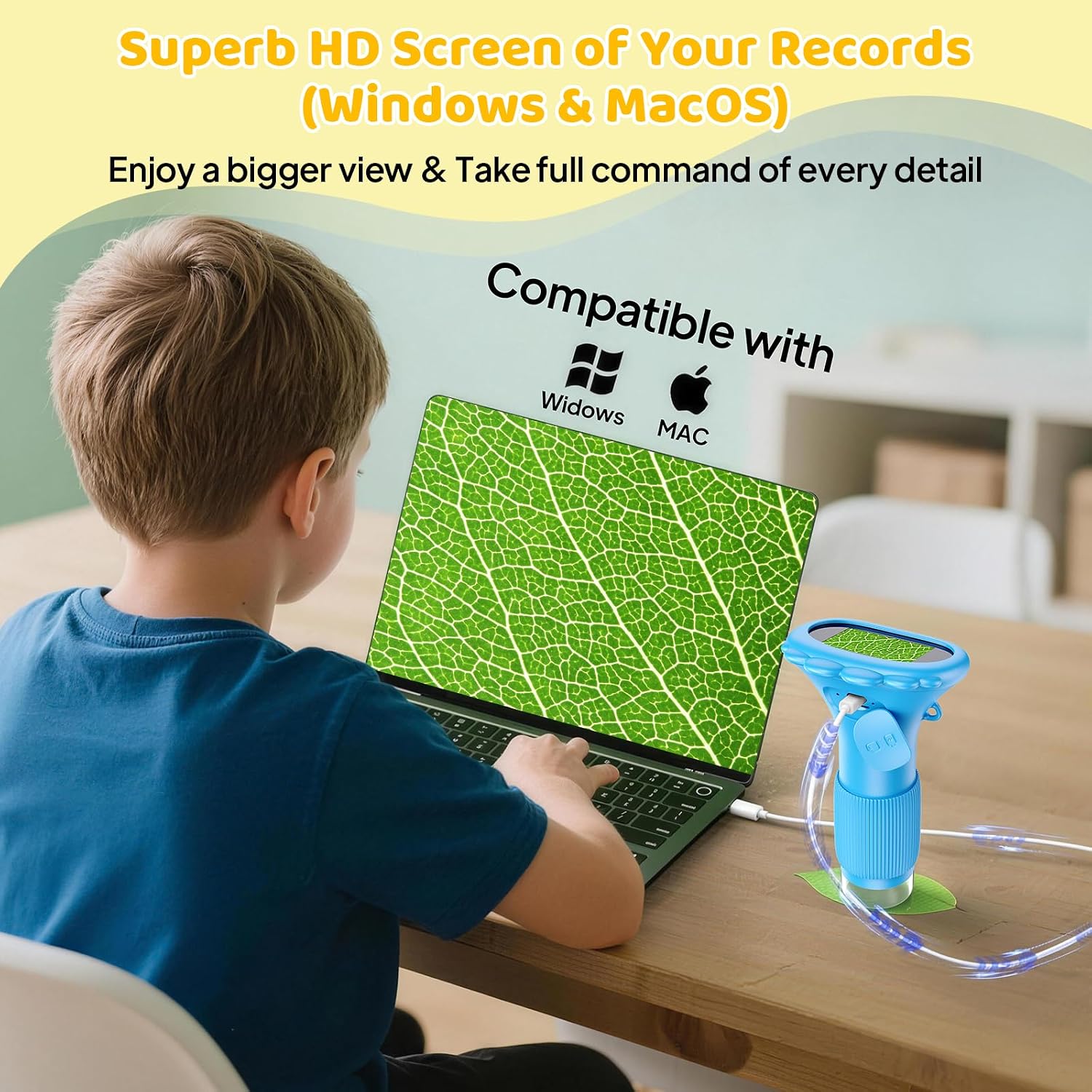Detalle de Kids Microscope (2.0'' IPS Screen) Portable Handheld with 8 LED Lights and Photo Storage, Blue
