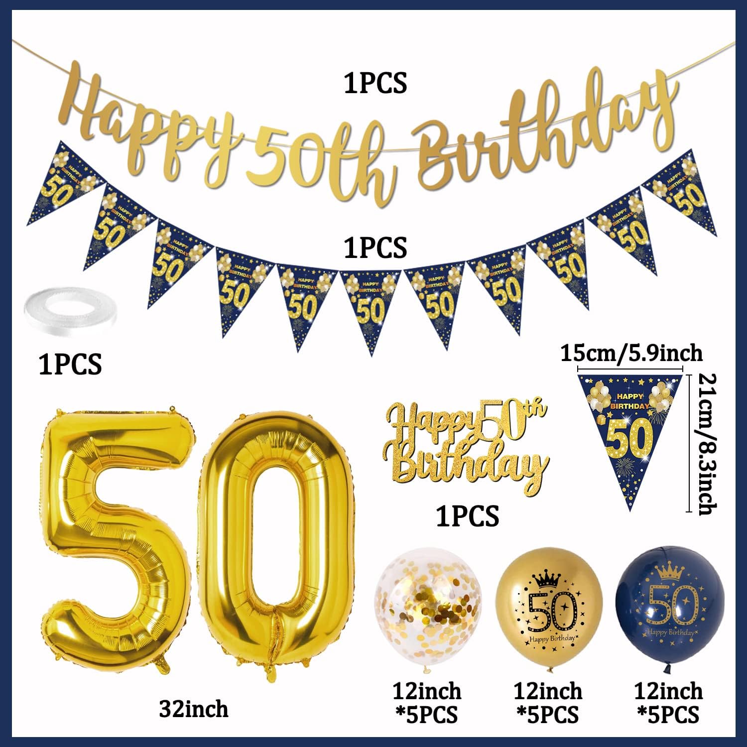 Detalle 2 de VICTERR 50th Birthday Decorations for Men (Navy Blue & Gold) bunting banner, foil balloon, confetti balloons and balloons set