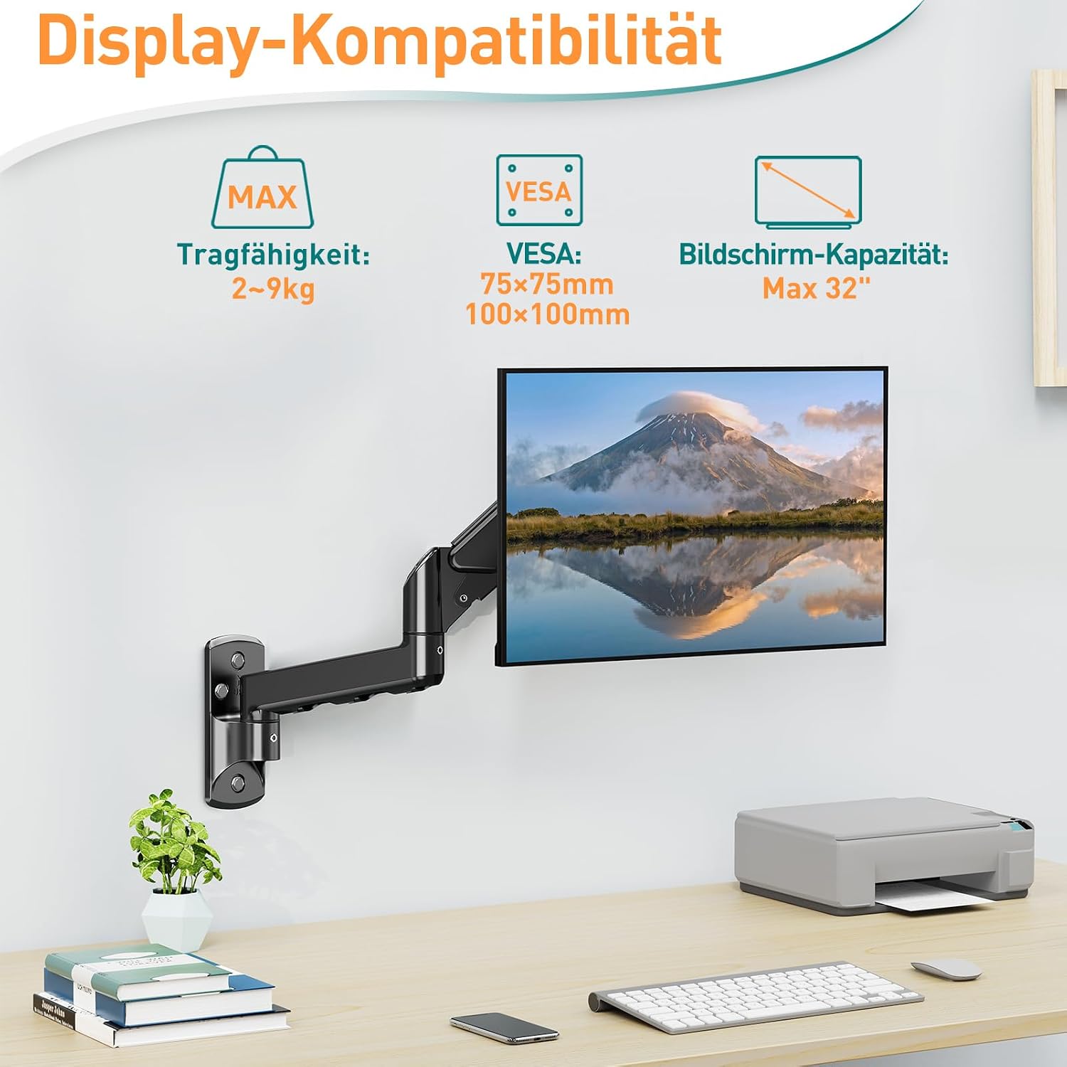 Thumbnail 2 de ELIVED Monitor-Wandhalterung EV023A für 13–32" bis 9 kg (VESA 75/100) mit 180° Schwenk-, 360° Dreh- und Höhenverstellung