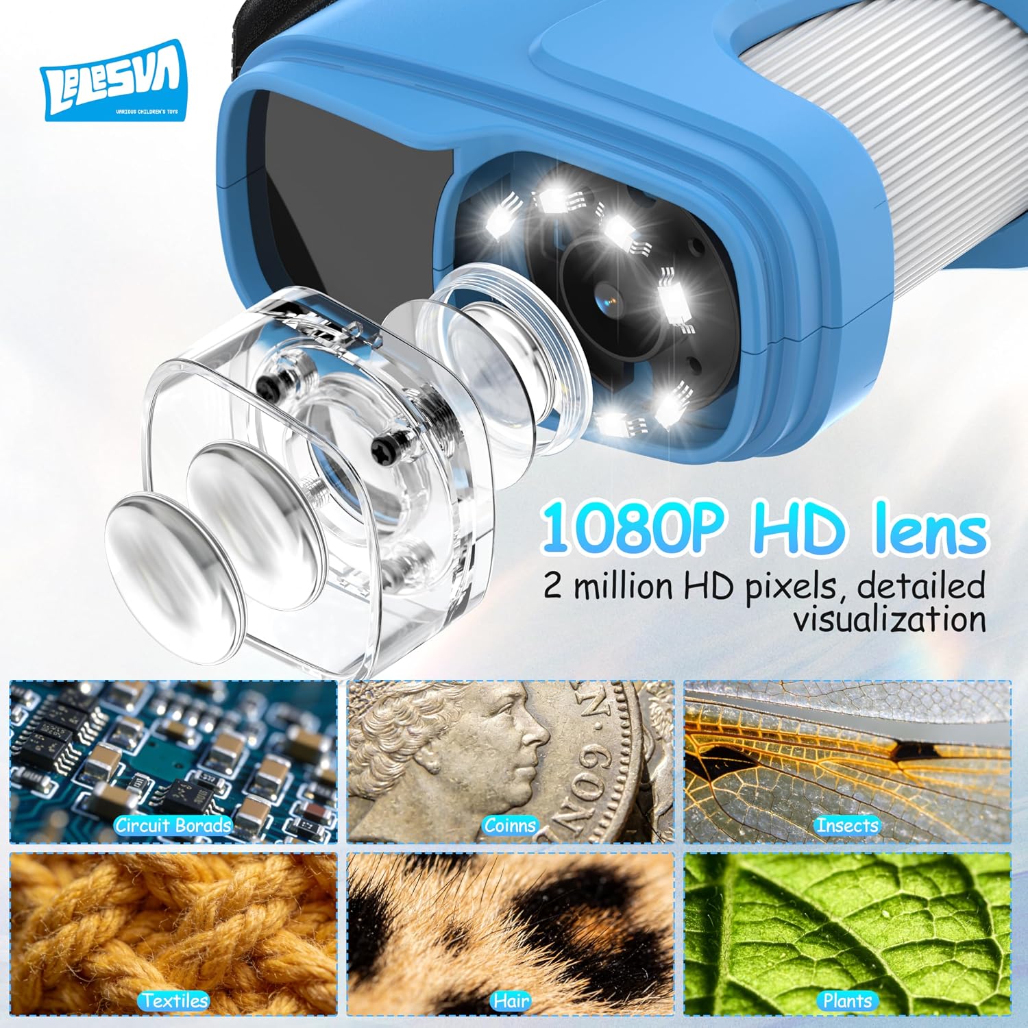 Detalle 2 de Upgrade 2.4’ Screen 4K Kids' Microscope (Blue) – Portable 1000X Handheld Camera Microscope