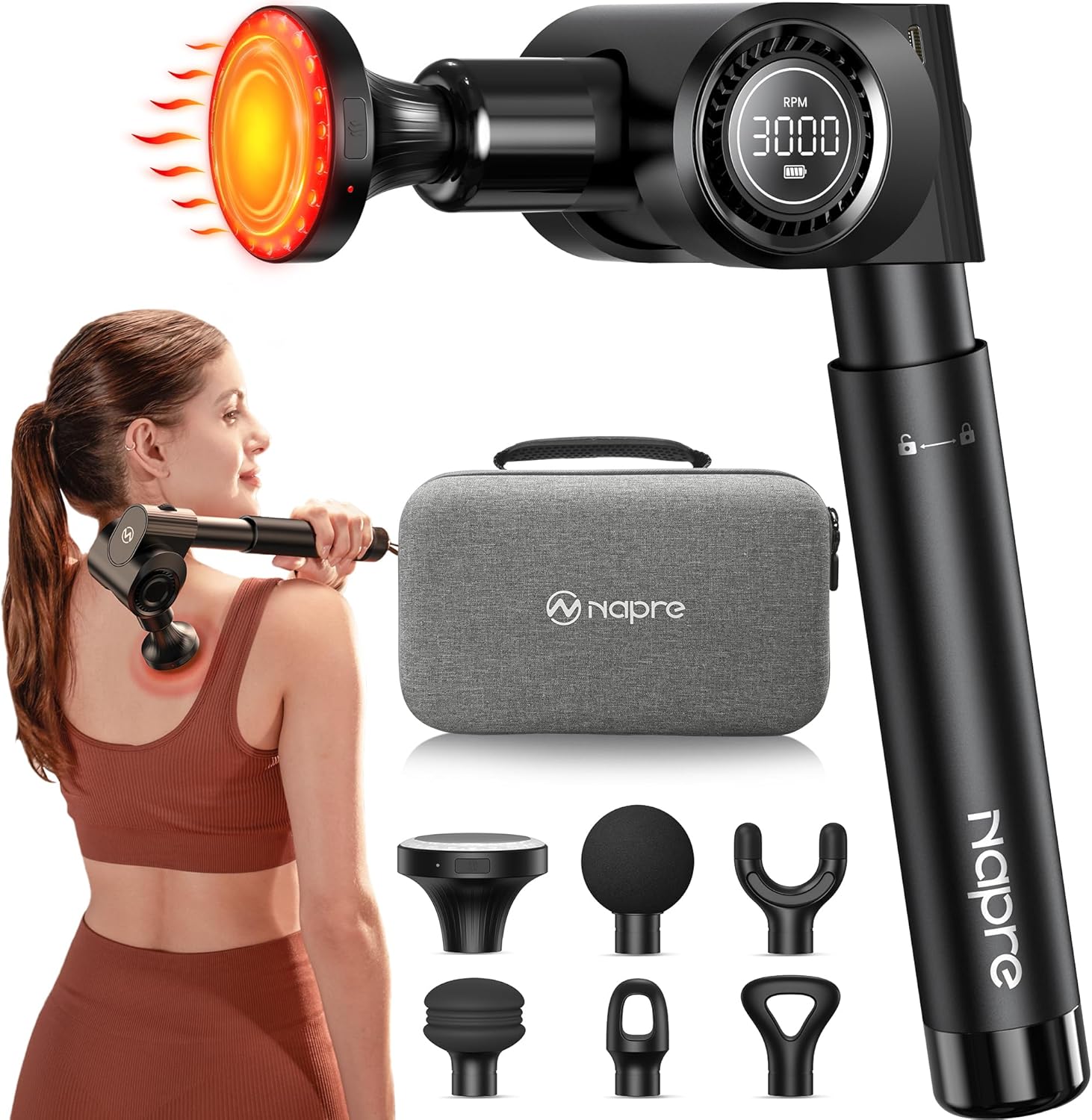 Detalle de Napre Massage Gun with Heat & Red Light Therapy – 32 Speeds, 5 Angles, Long Handle