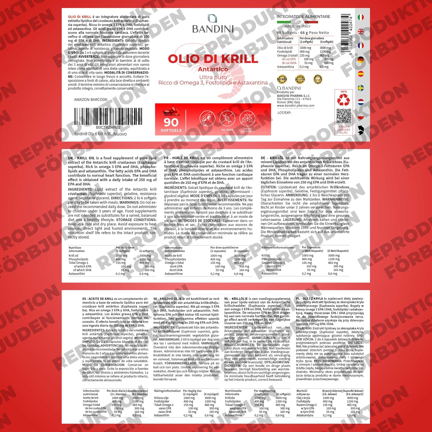Detalle 1 de BANDINI krillolja 3000 mg – omega-3 med EPA, DHA och astaxantin, 90 kapslar