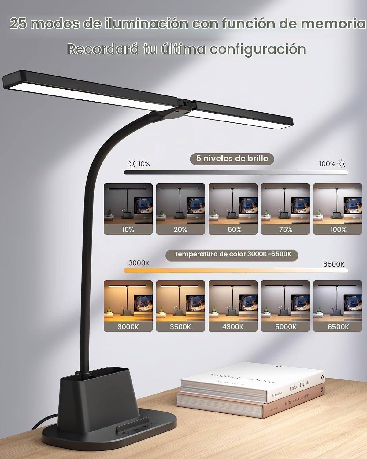 Detalle de Ylatoial Flexo Escritorio de Doble Cabezal, 25 Modos – Iluminación amplia y ajustable para tu escritorio