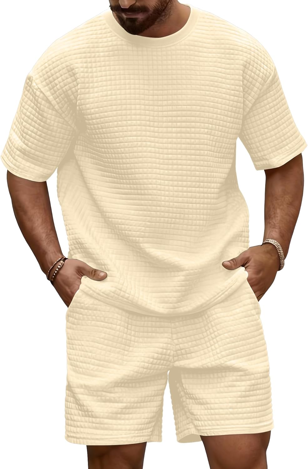Detalle de KUYIGO Men's 2-Piece Waffle Tracksuit Set: Short Sleeve Top & Joggers