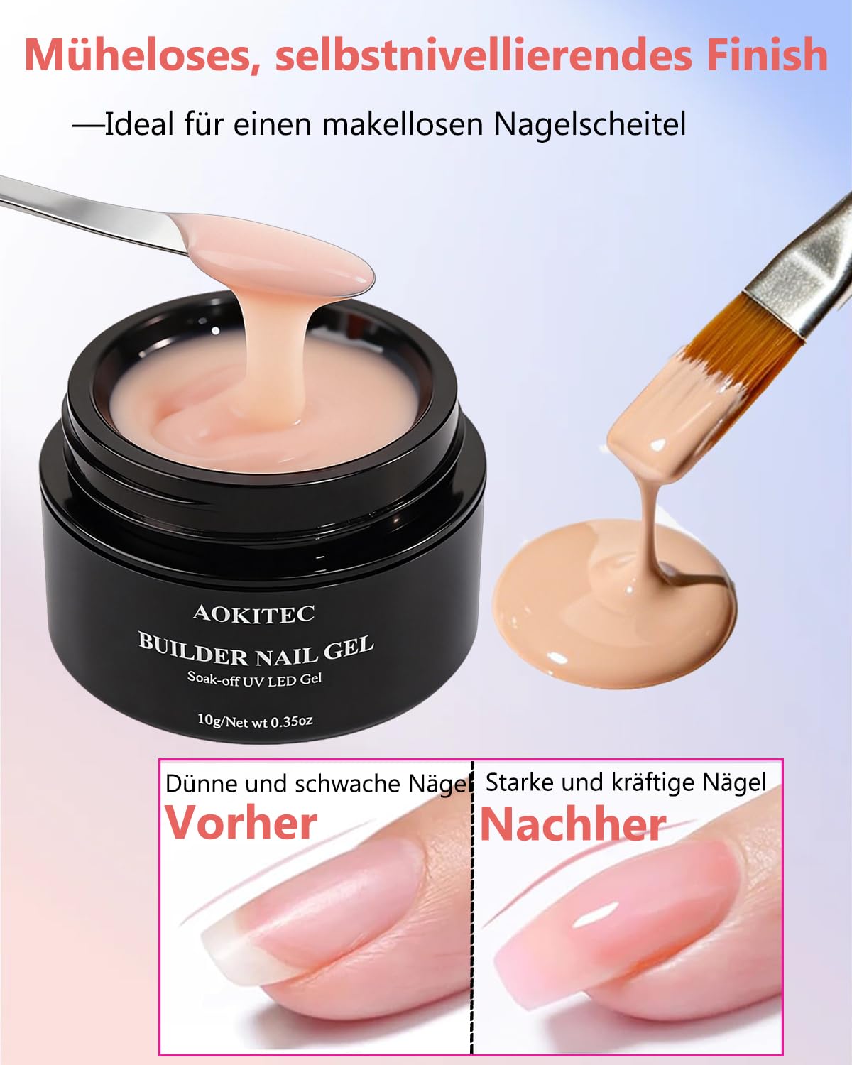 Detalle de Aokitec Aufbaugel-Set für Gelnägel (No File & Self-Glättend) – UV-Gel in Nude und Weiß