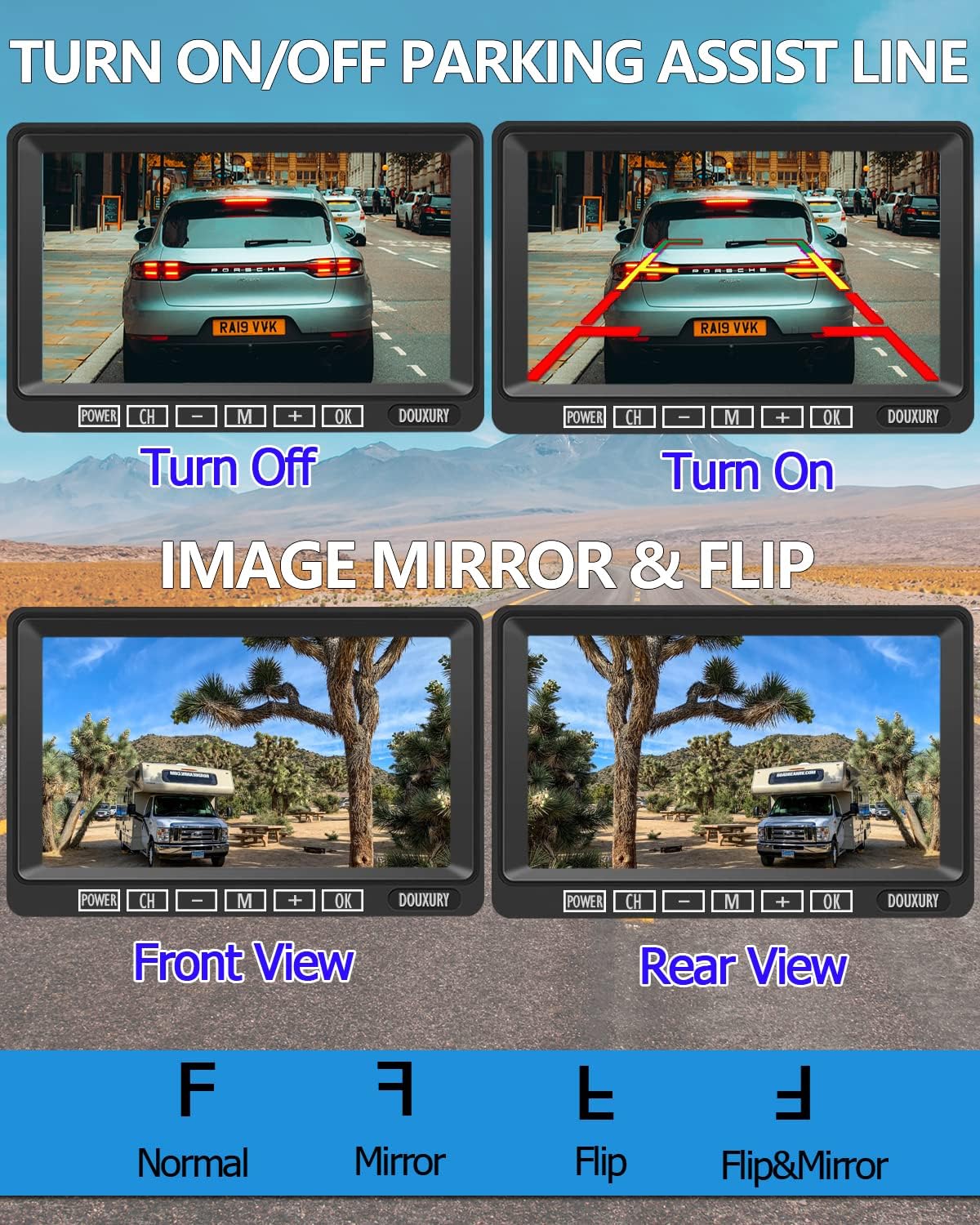 Detalle de DOUXURY RV Backup Camera Wireless System with 7" HD LCD Monitor, IP69 Waterproof 170° Camera + 4-Split Screen