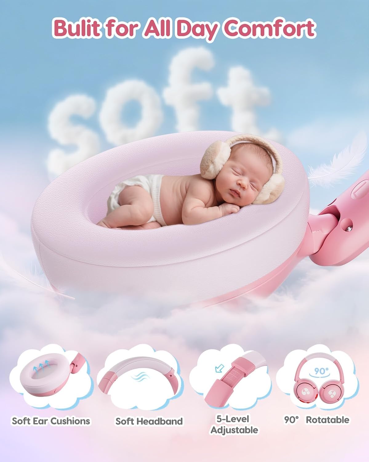 Thumbnail 3 de awatrue Kids Bluetooth Headphones (85dB Volume Limiter) — Foldable Over-Ear Wireless for iPad & Travel, Pink