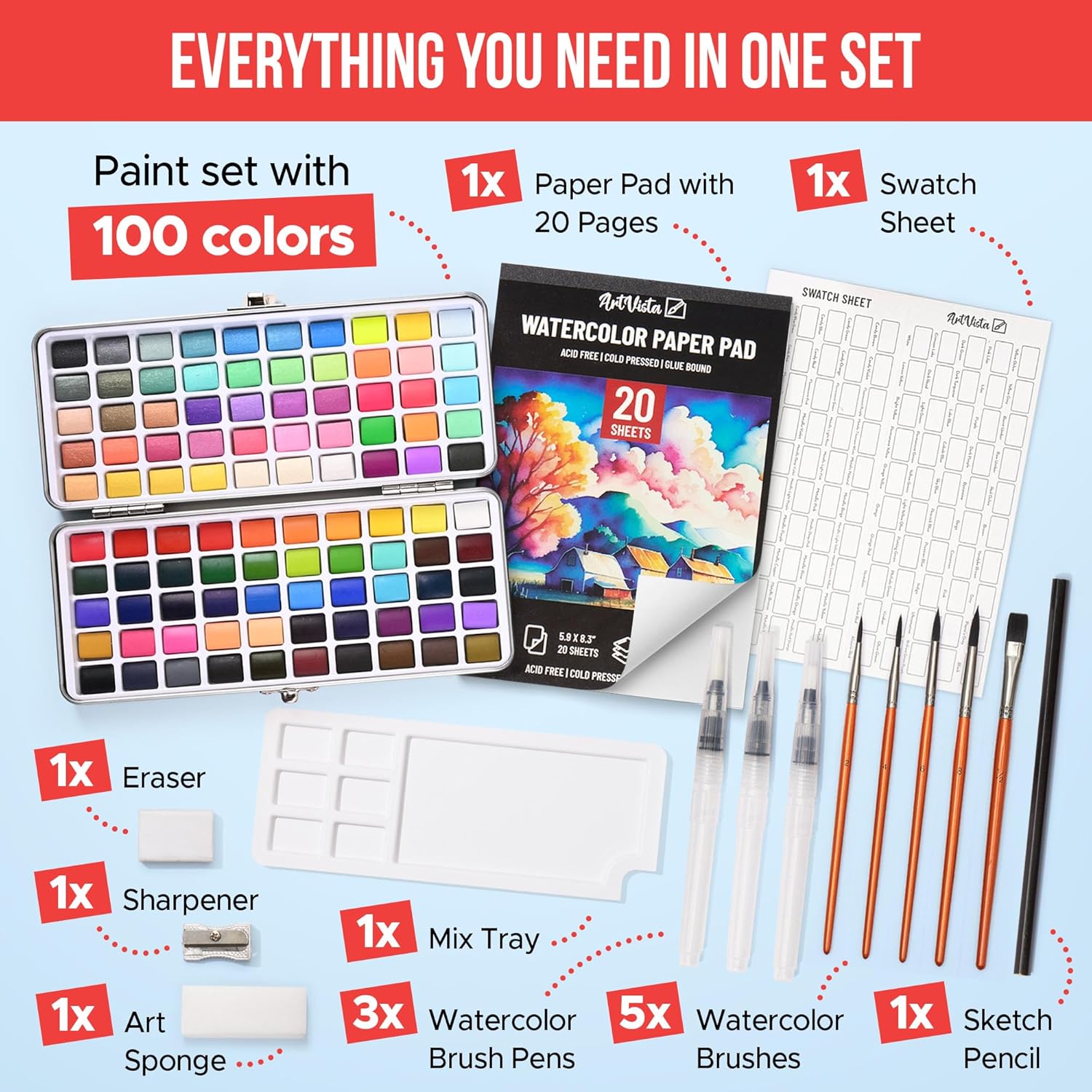Thumbnail 1 de Premium Watercolor Paint Set Bundle with 100 Colors: Portable Studio for Beginners to Pros