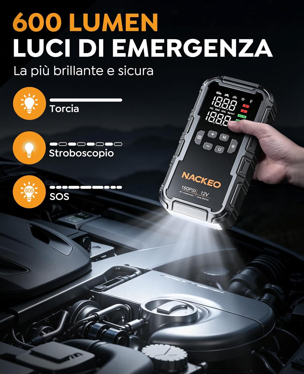 Detalle de NACKEO Avviatore Batteria Auto con Compressore 160 PSI e 8000A: potenza immediata e utilità all-in-one