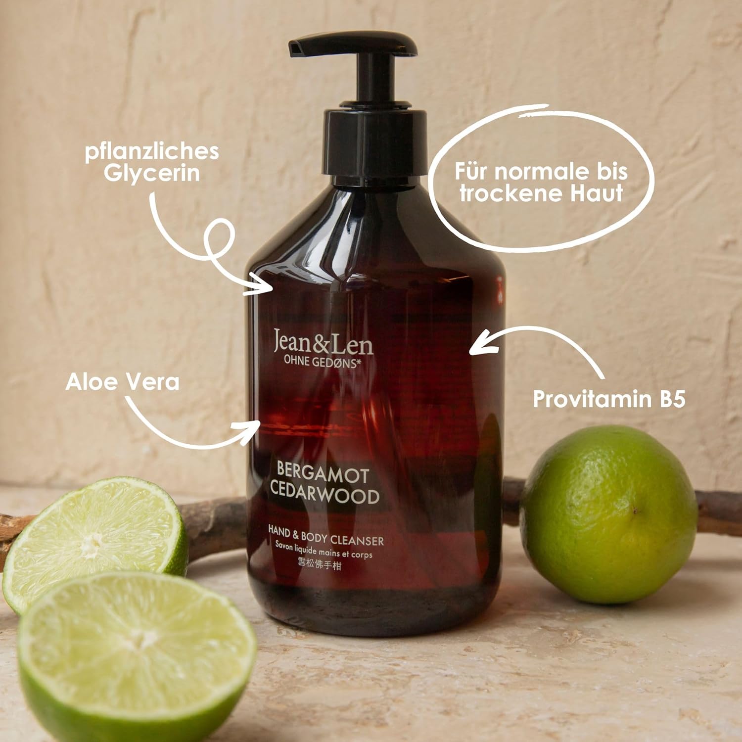 Detalle 2 de Jean & Len Hand & Body Cleanser Bergamot & Cedarwood – vegane Flüssigseife für Hände und Körper, 500 ml