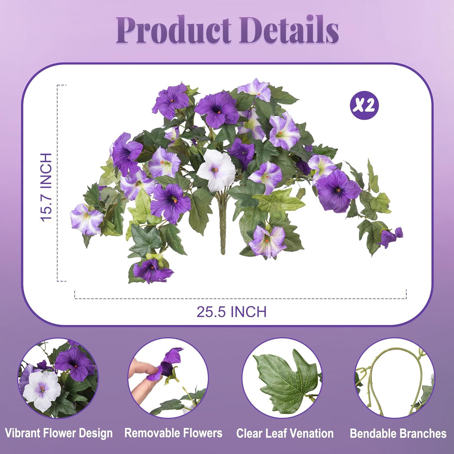 Thumbnail 1 de Ammyoo 2-Pack Artificial Petunias for Outdoor Decor – UV-Resistant, No Fade (Purple/White)