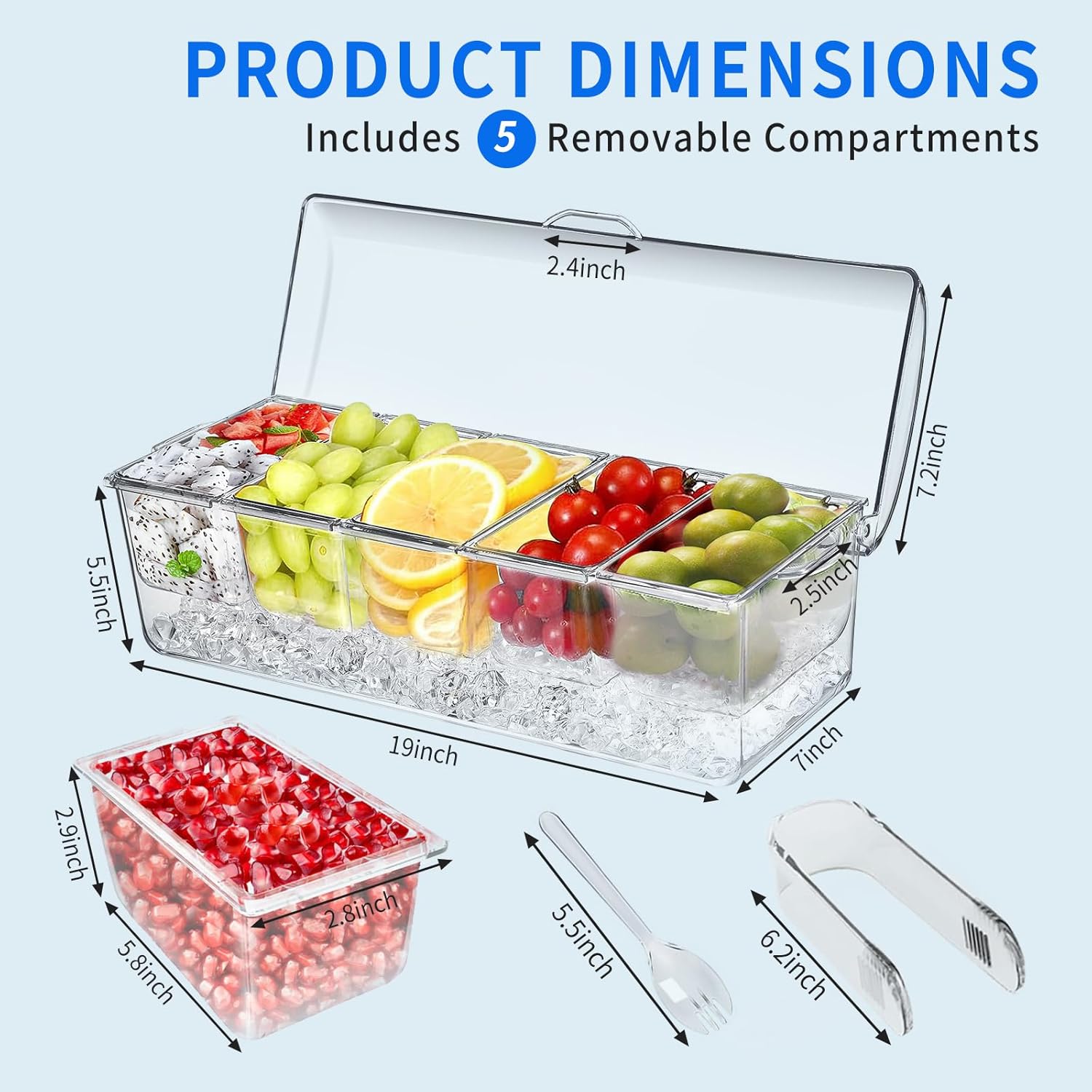 Thumbnail 1 de Large Ice Chilled Condiment Caddy with Lids for 5 Removable Compartments (19" x 7" x 5.5")