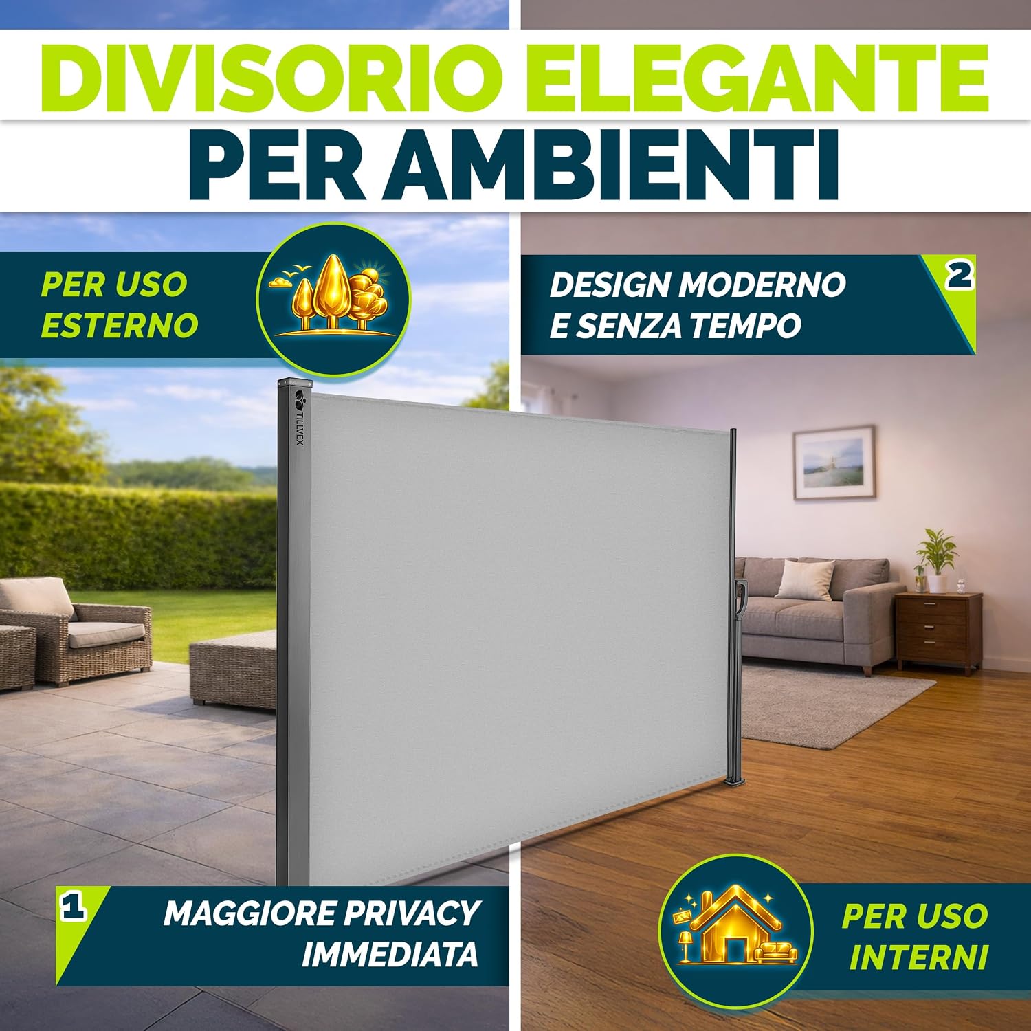 Detalle 2 de tillvex® Tenda laterale estensibile e oscurante 200 x 400 cm — protezione solare, privacy e anti-vento per balcone, giardino e terrazzo