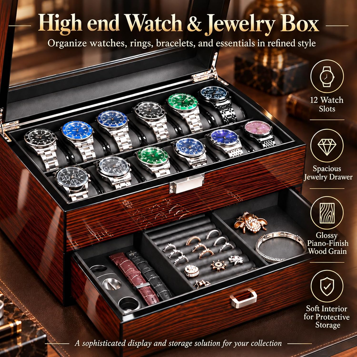 Detalle de BEWISHOME High-End Watch Box 12-Slot – Wooden Case with Large Glass Lid