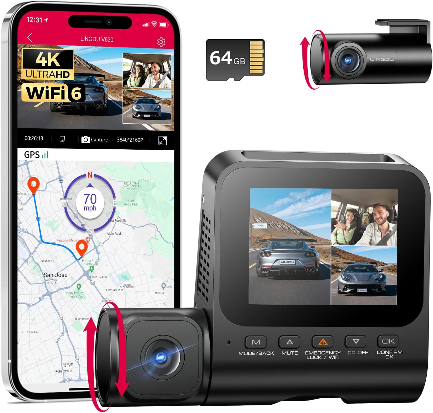 Detalle de LINGDU V630 Dashcam 3Kanal 4K