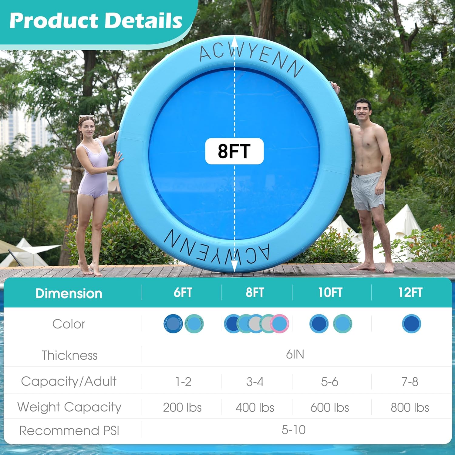 Thumbnail 3 de ACWYENN 6/8/10/12FT Inflatable Water Hammock – Large Round Floating Ring for Lake, Pool & Beach