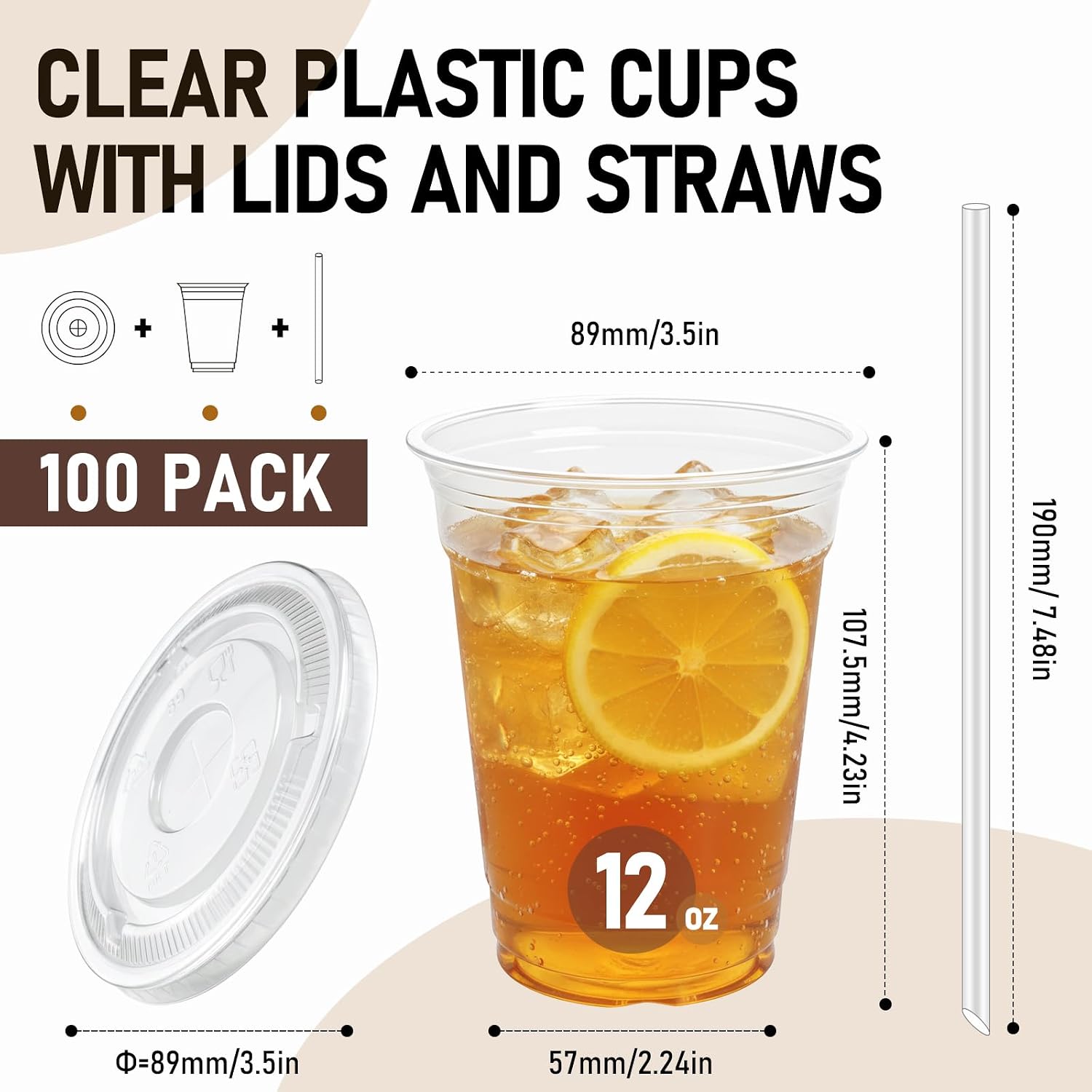 Detalle 2 de HEYRSUN 12 oz Clear Plastic Cups with Flat Lids and Straws, 100 Sets
