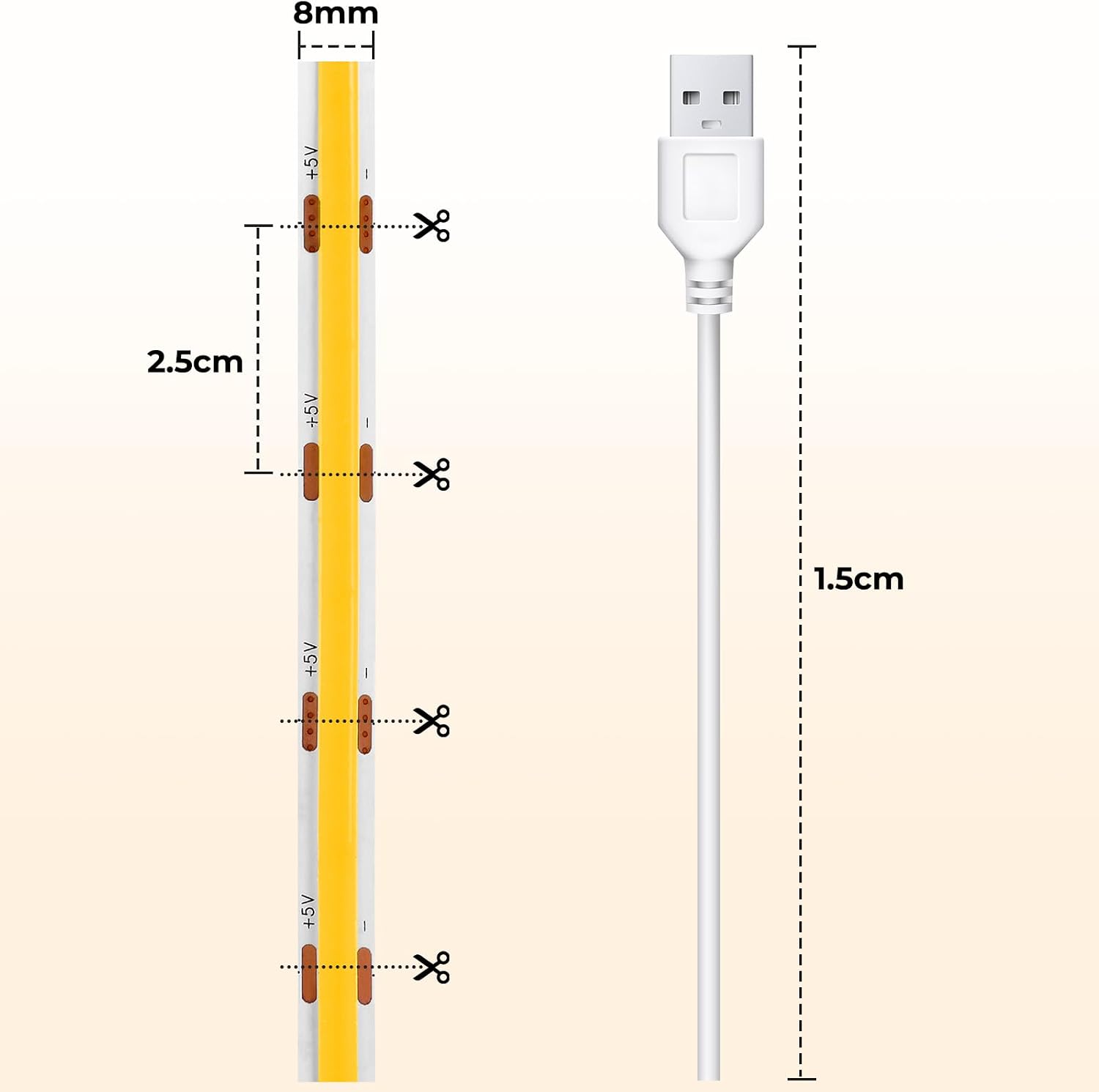 Thumbnail 1 de 3m 5V USB COB LED Streifen (8 mm), selbstklebend, CRI 92, punktlos – Naturweiß 4000K mit 1,5 m USB-Kabel