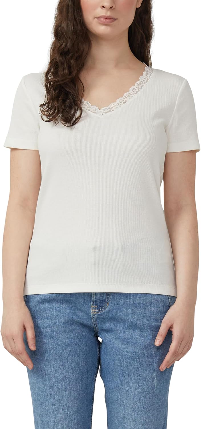 Detalle de s.Oliver Damen RIPP-T-Shirt mit Spitze am Ausschnitt – V-Ausschnitt, 1er Pack