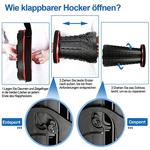 Detalle de Fiqops 2X Tragbarer Klapphocker – verstellbar, 180 kg Tragfähigkeit, kompakt & leicht