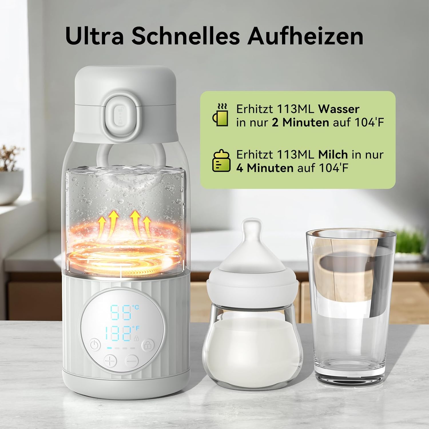 Detalle de APZOKI Tragbarer Flaschenwärmer – 380 ml interner Akku, 10.000 mAh, USB-C, 100 W Schnellaufheizung