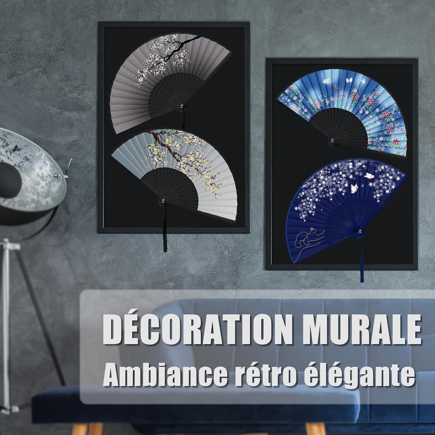 Detalle de WEARXI Eventail – Lot de 4 éventails à main en bois et soie, pliants, décoratif