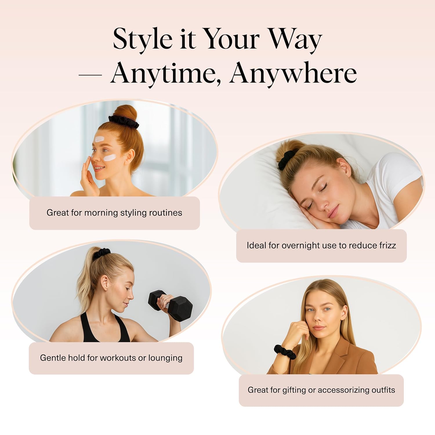 Detalle de Kitsch Satin Scrunchies for Women (Black, 5-pack) — No Crease, Frizz Control