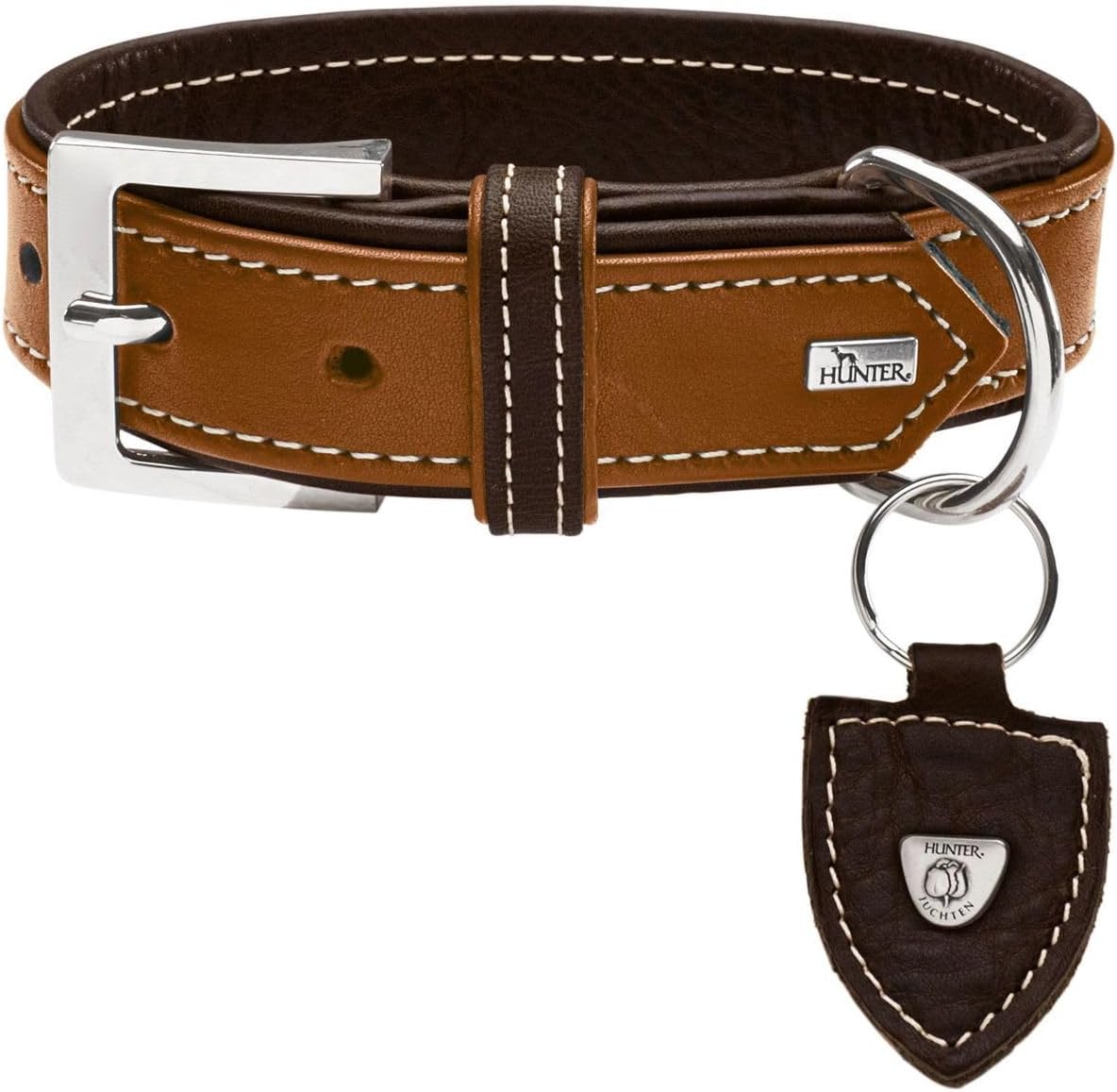 Detalle de HUNTER TARA Hundehalsband aus Juchtenleder – robust, witterungsbeständig, verstellbar 35–42 cm (3,5 cm Breite) in cognac/dunkelbraun