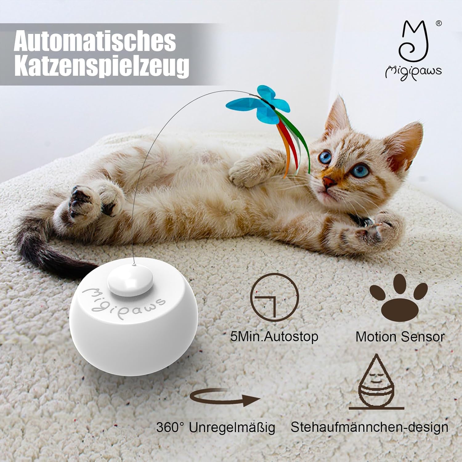 Detalle de Migipaws Katzenspielzeug – Elektrisches interaktives Schmetterling- und Federenspielzeug mit 360° Kugeldrehung
