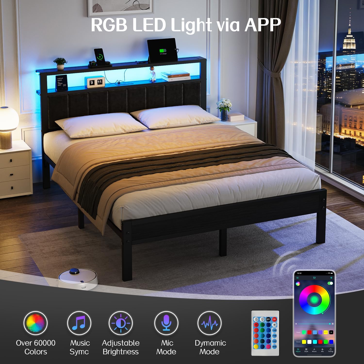 Detalle de OLEVS Queen Bed Frame, Metal Platform with RGB LED Lights and Storage Headboard