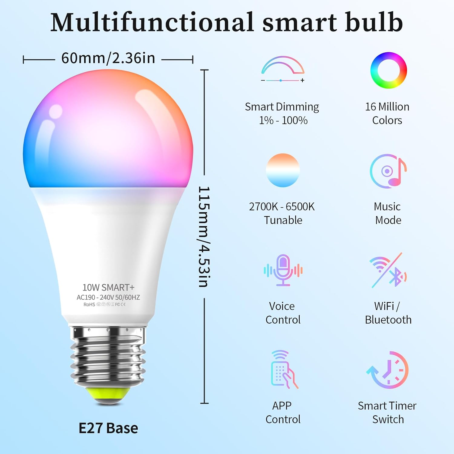 Detalle 2 de Oumida Bombilla LED Inteligente Wi-Fi RGB Multicolor E27 (2 uds) 9W, 806 lm