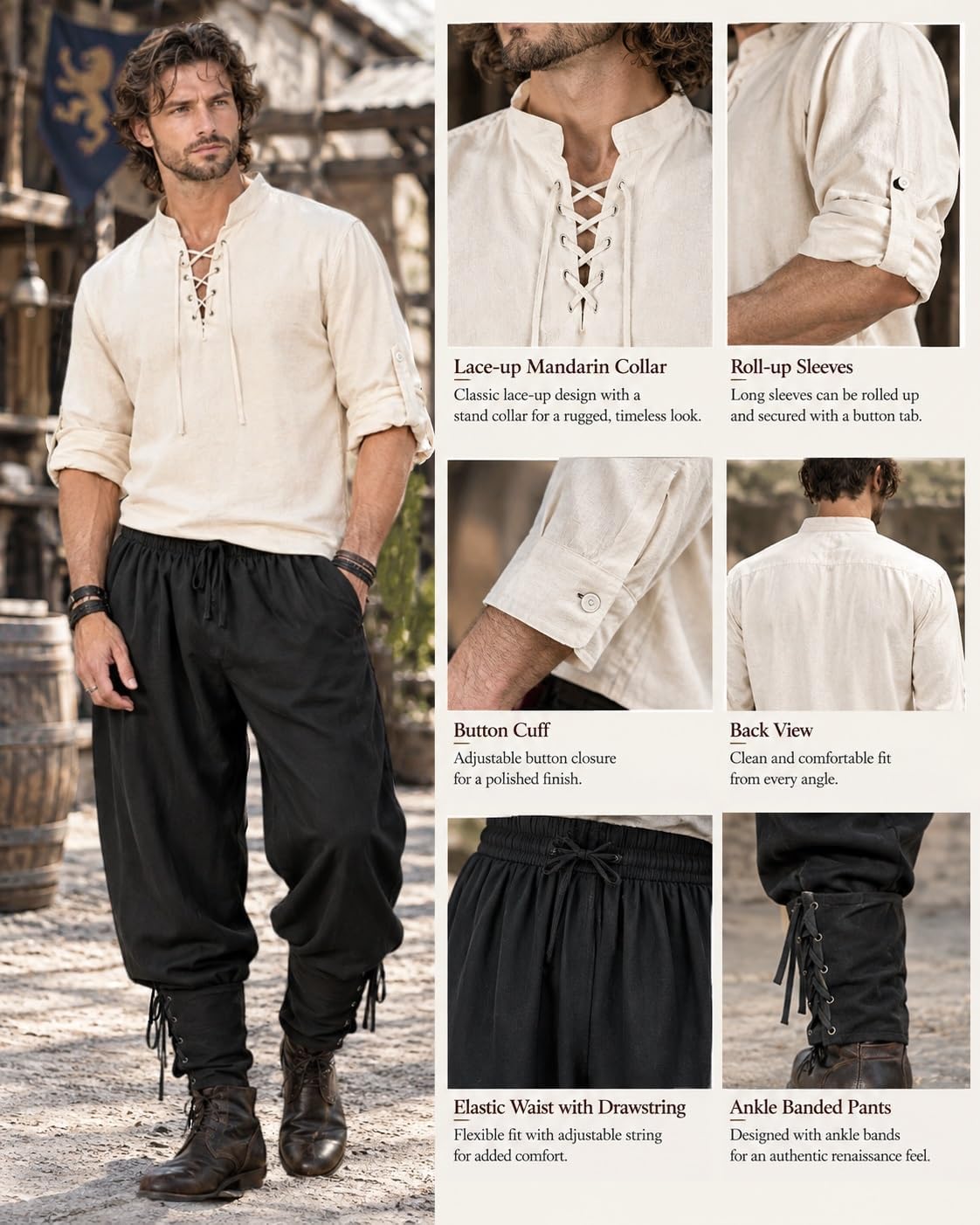 Thumbnail 4 de Men's Pirate Costume with Lace-Up Shirt, Pants, Sash, and 8 Pieces