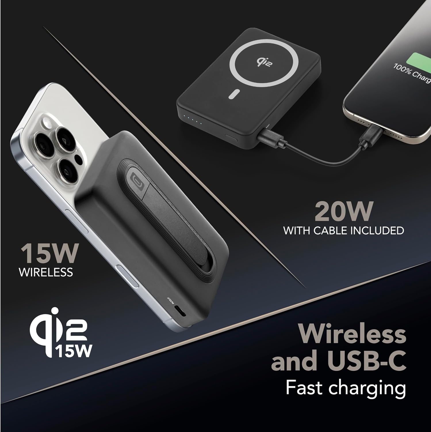 Detalle de Power Bank Cellularline 5.000 mAh Qi2 15W con Stand Integrato e USB-C 20W – Soft-Touch Nero