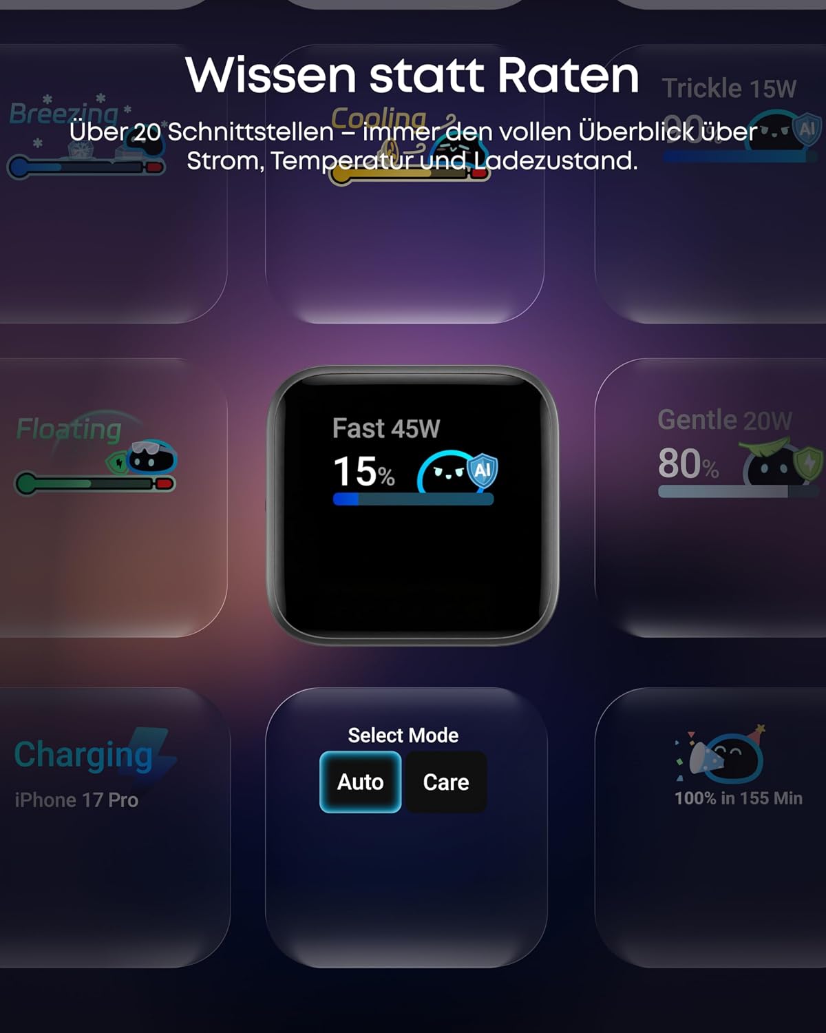 Detalle de Anker Nano 45W Smart-Ladegerät (USB‑C) mit Display, iPhone-Erkennung und Schonmodus
