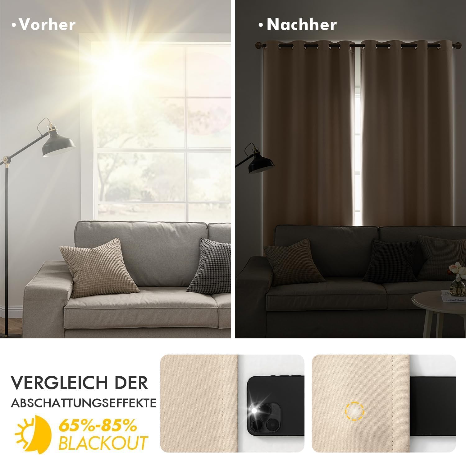 Detalle 2 de MIULEE Verdunklungsvorhänge Dunkelbeige – blickdichte 2er-Set mit Ösen, 245 cm Länge