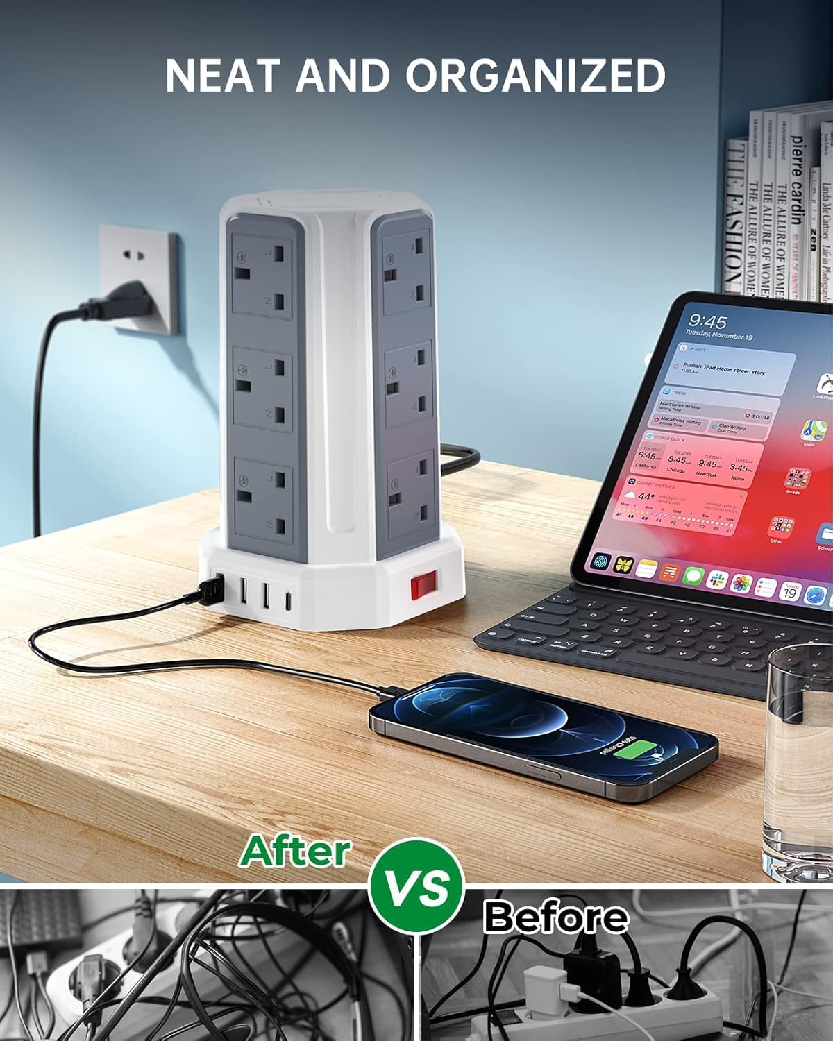 Thumbnail 3 de Tower Extension Lead 3M, Aodeng 12-Way Tower Extension with 4 USB Ports and Surge Protection