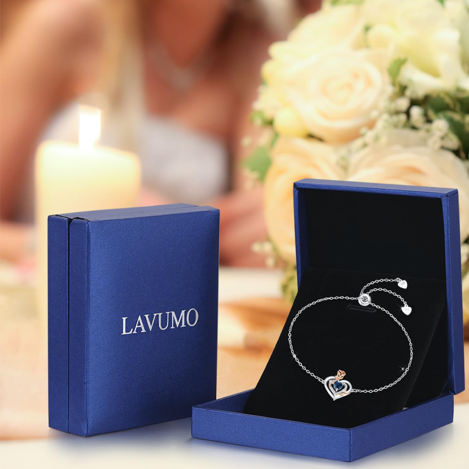 Detalle de LAVUMO Armband Damen Silber 925 – Rose Blume mit Geburtsstein und Zirkonia