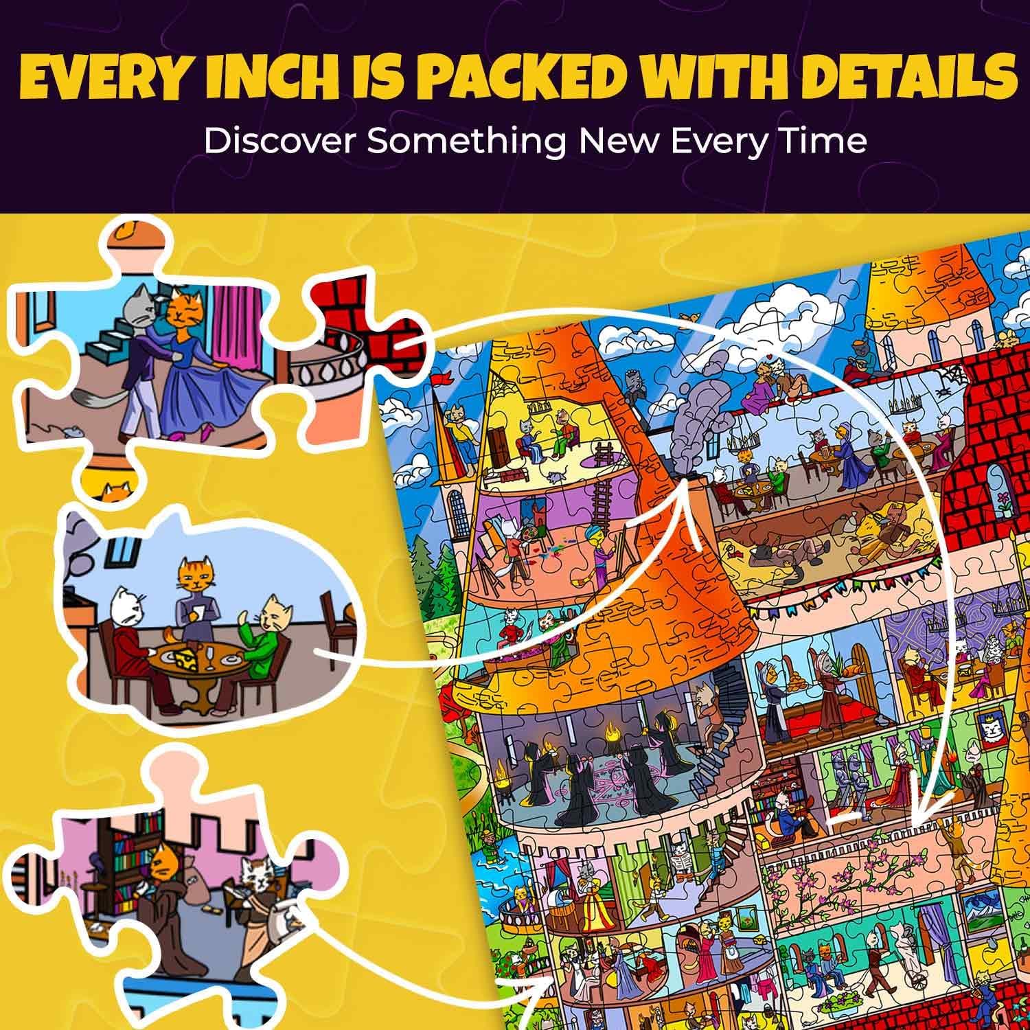 Detalle 2 de QUOKKA 1000 Piece Knightly Cats Puzzle for Adults: A Whimsical Medieval Noir of Feline Castles
