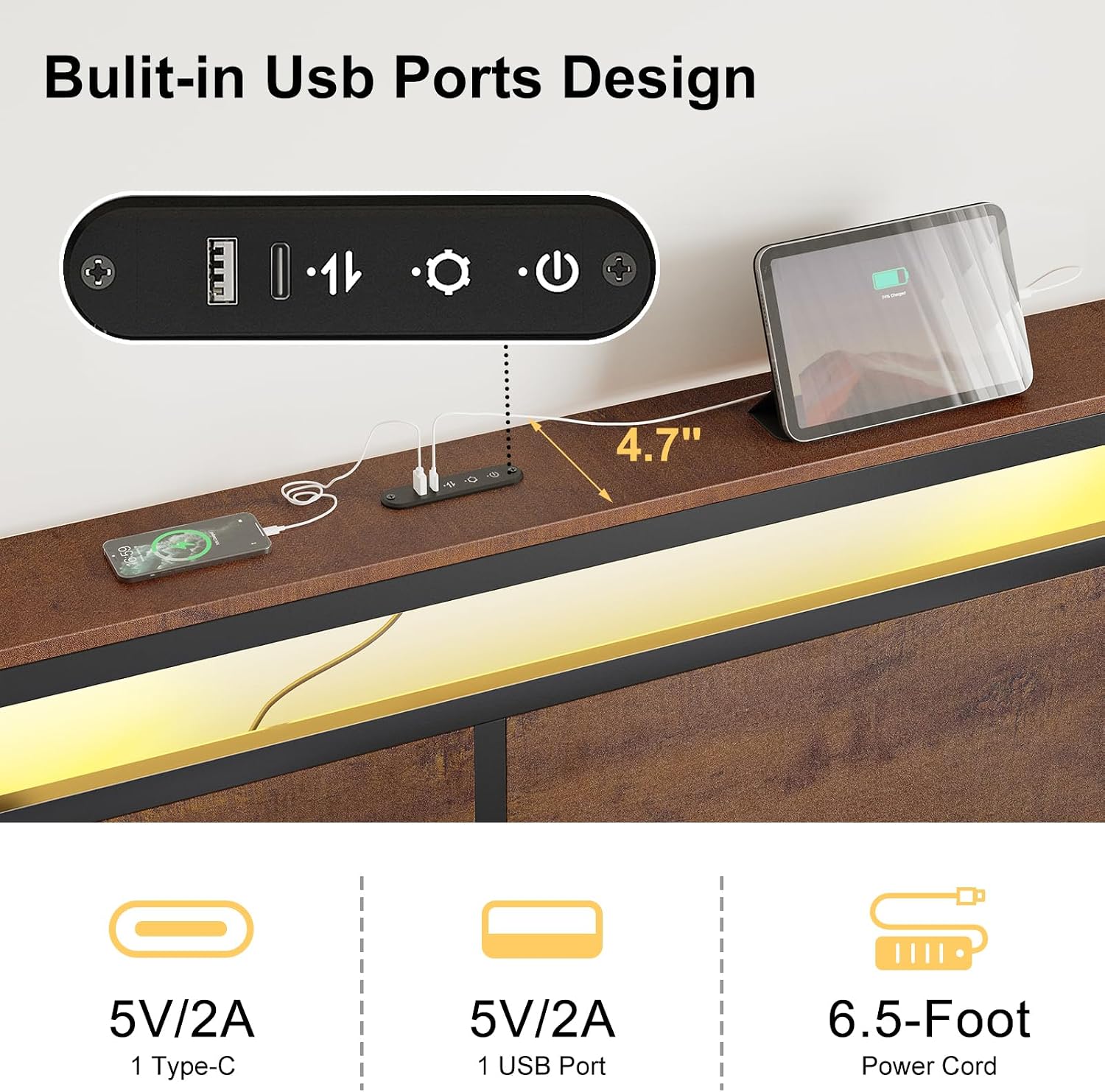 Detalle de HAUSOURCE Queen Bed Frame with Storage, LED Headboard and Charging Station