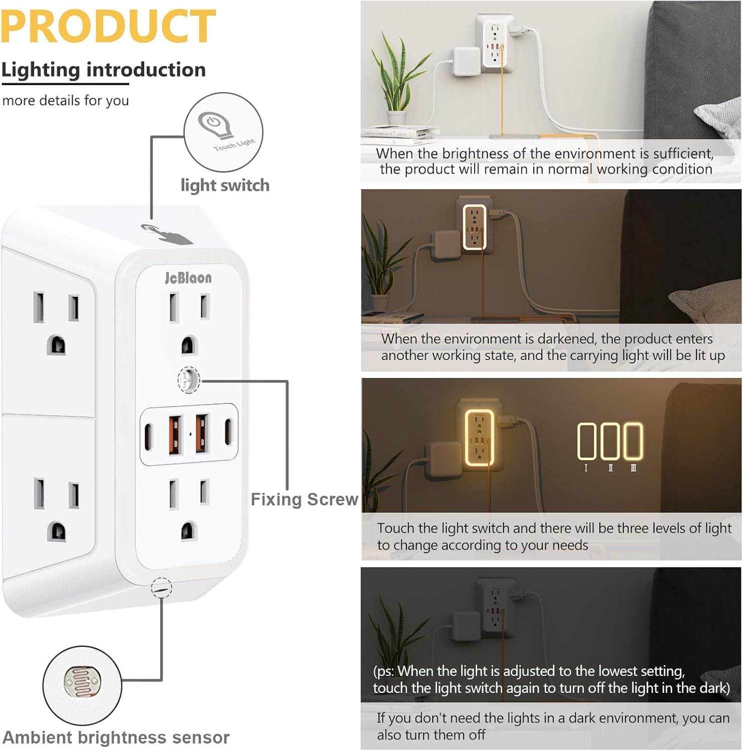 Detalle de 3 Pack Outlet Extender with Night Light: 6-Outlet Surge Protector with 2 USB-A and 2 USB-C Ports (3-Sided, 1050J) – ETL