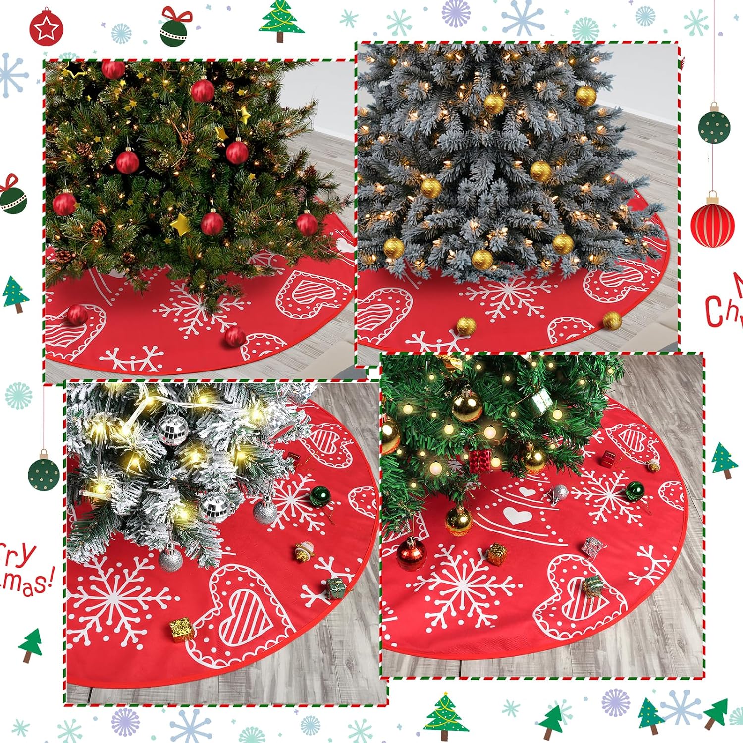 Thumbnail 6 de Figarge Weihnachtsbaumdecke (90 cm) mit Schneeflocken-Muster und Bindekordeln – rund, Rot