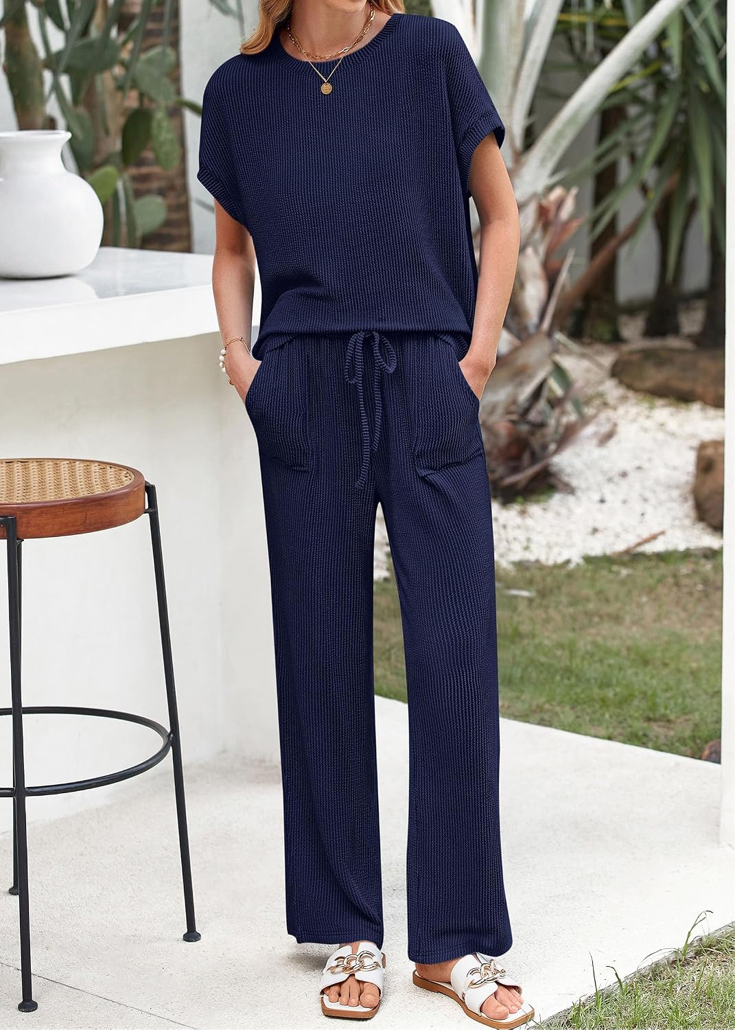 Thumbnail 6 de KIRUNDO 2 Piece Sets for Women: Dressy Casual Ribbed Knit Short Sleeve Tops & Wide Leg Pants Lounge Set