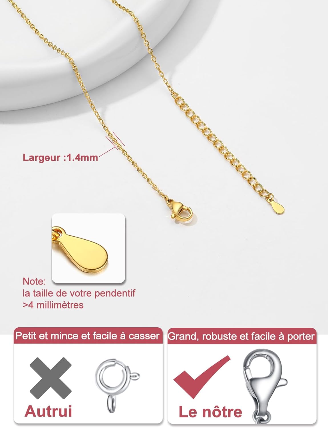 Thumbnail 4 de FOCALOOK Chaîne collier fine argent/plaque or femme en acier inoxydable 1,4 mm – maille rolo pour pendentif (40 à 60 cm + chaînette)