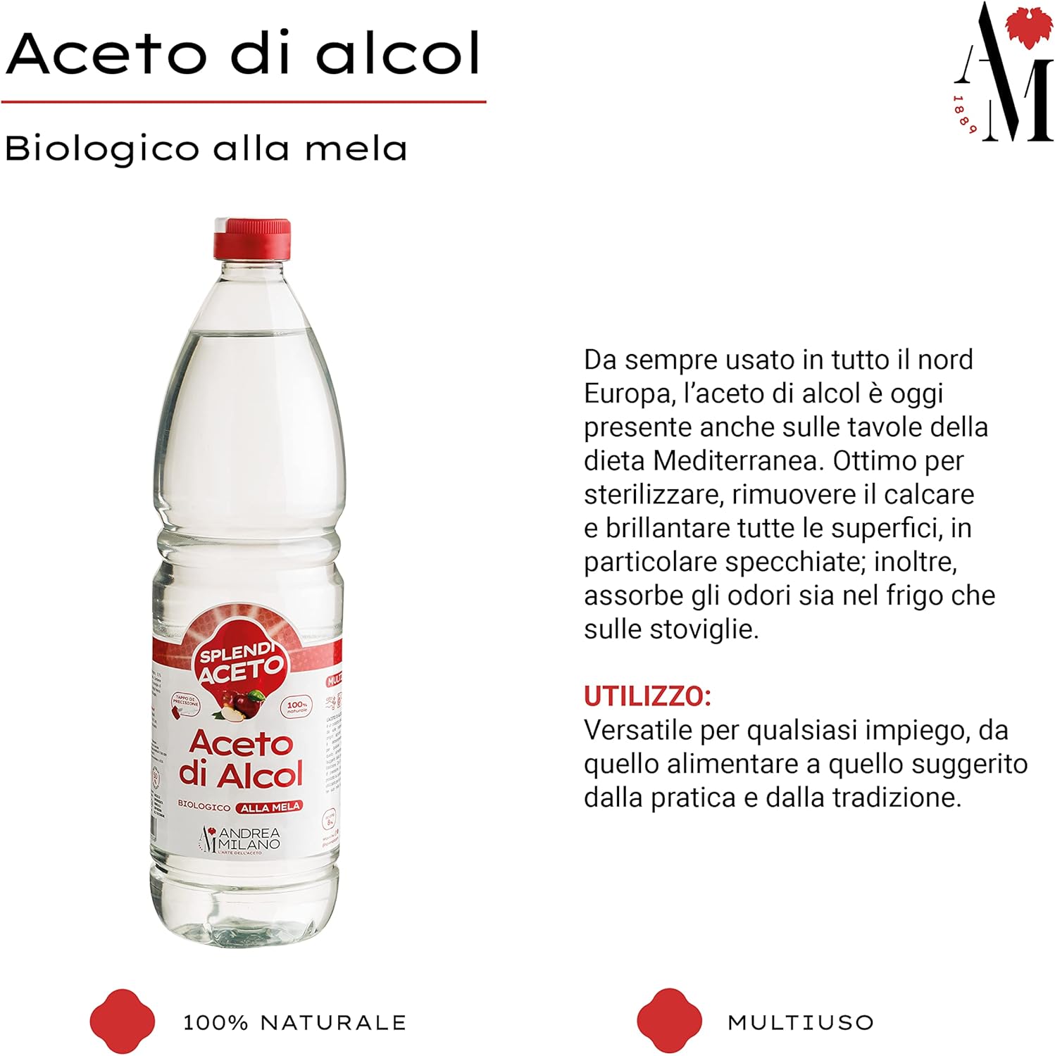 Detalle de Andrea Milano Splendi Aceto: Aceto di Alcool 100% Naturale aromatizzato alla mela, 12 bottiglie da 1 L