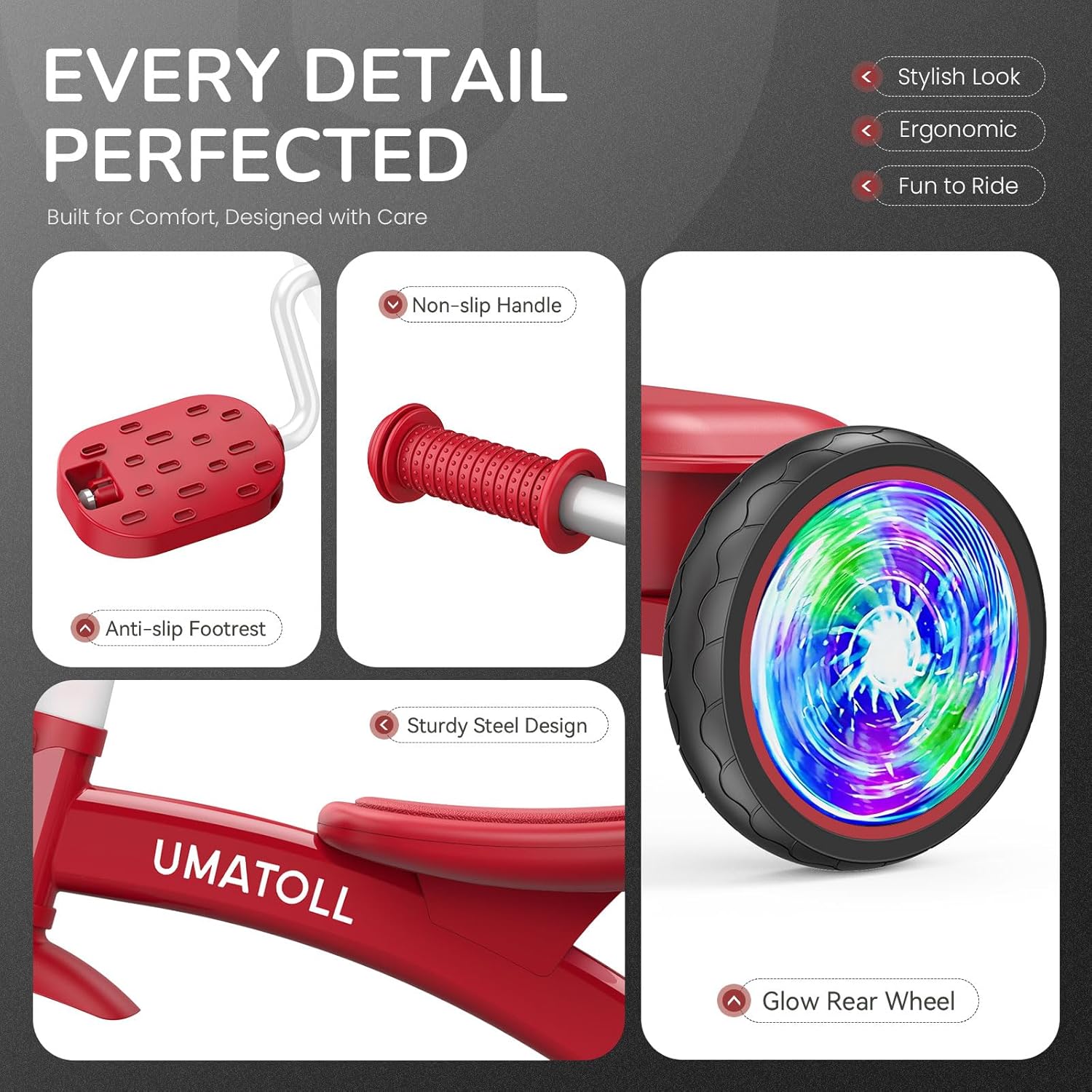 Thumbnail 6 de Umatoll Toddler Tricycle (18 Month–4 Years) with Adjustable Seat & Light-Up Wheels, Red