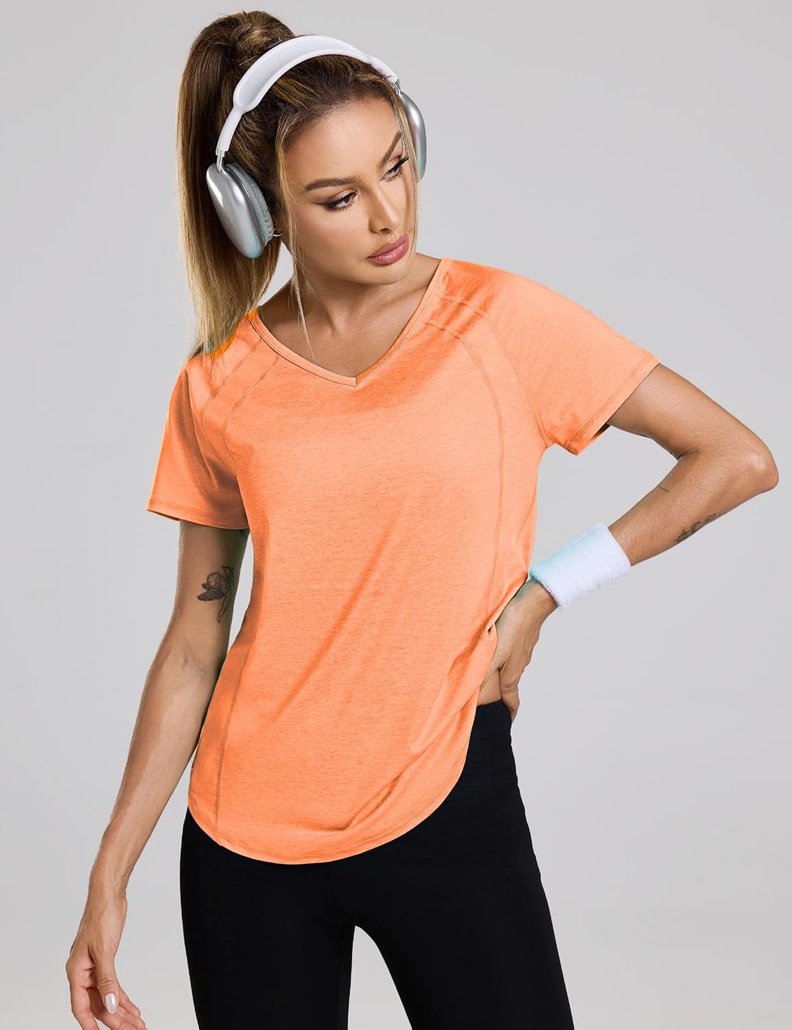 Detalle de Wayleb Maglietta Sportiva da Donna, Scollo a V, Manica Raglan, Traspirante — T-Shirt Fitness e Yoga