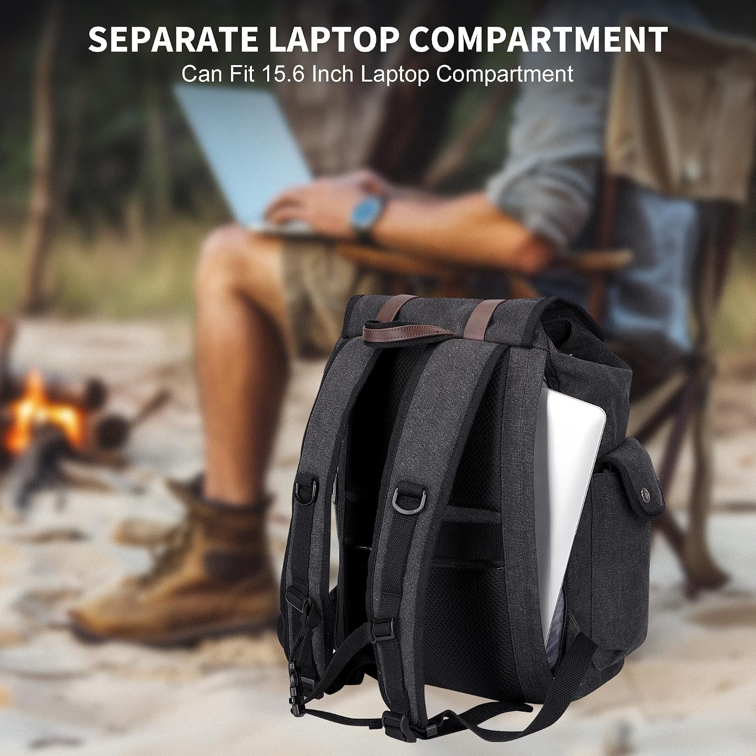 Detalle de WITZMAN Canvas Reiserucksack Herren – Vintage Travel Backpack für 15,6 Zoll Laptop